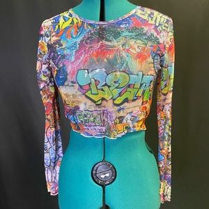 Sheer graffiti long sleeve crop top